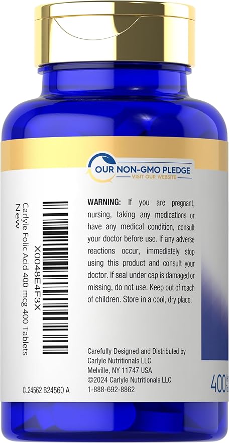 Carlyle Folic Acid 400 mcg | 400 Tablets | Vegetarian, Non-GMO, Gluten Free