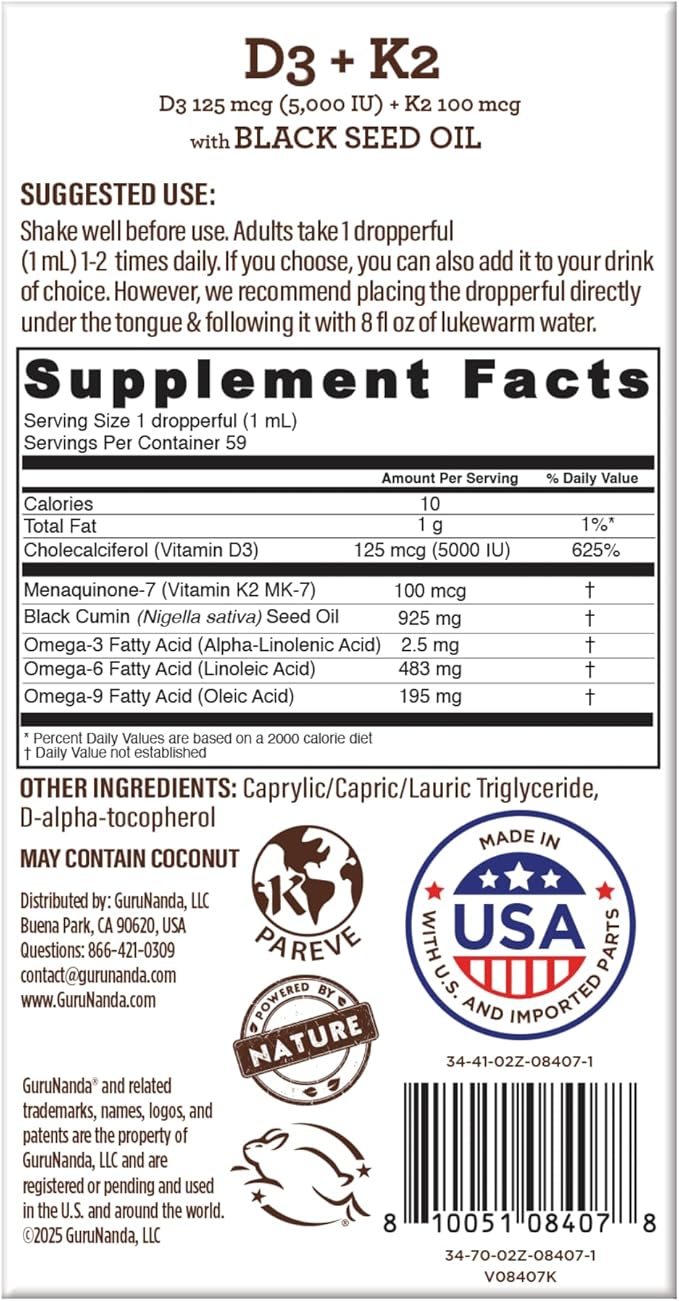 GuruNanda Black Seed Oil, Cold-Pressed Nigella Sativa - Rich in Vitamin D3 5000 Units, K2 & E, High Thymoquinone | Potent Antioxidant for Immune Support, Non-GMO, 2 Fl.oz
