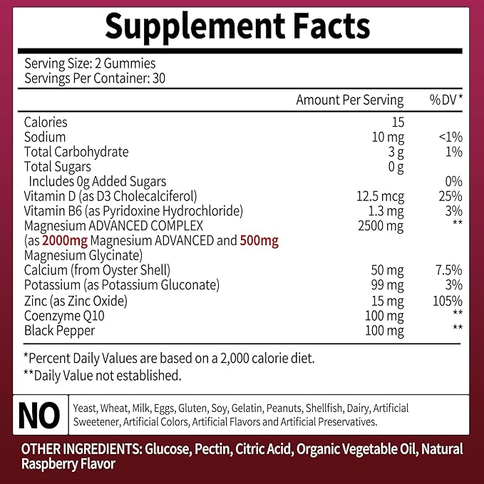 Magnesium Gummies 2000mg with Vitamin D3 & B6 Magnesium Complex Gummies Supplement for Brain & Sleep and Memory & Attention Made in USA 60 Counts Raspberry Flavor