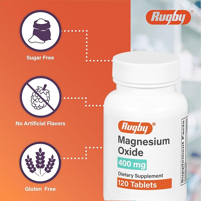 Rugby Magnesium Oxide 400 mg Tablets - Dietary Supplement - Gluten-Free - 120 Count