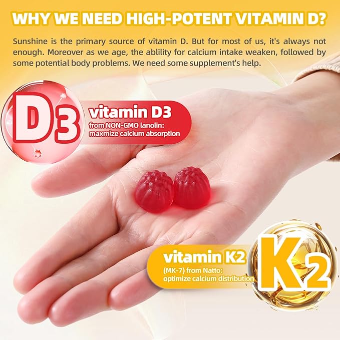 Vitamin D3 K2 Gummies 9000 IU for Adult Women Muscle Teeth Immune Support, Sugar Free D3 and K2 Supplements Gummy 60 Counts, Peach Flavor