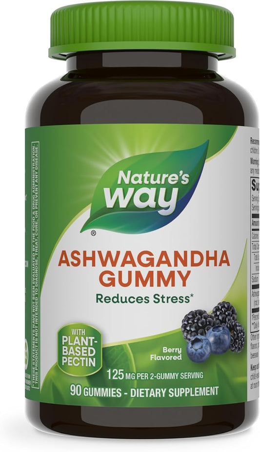 Nature's Way Ashwagandha Gummies, Reduce Stress with Adaptogenic Herb*, 125 mg Per 2-gummy Serving, Berry Flavored, 90 Gummies (Packaging May Vary)