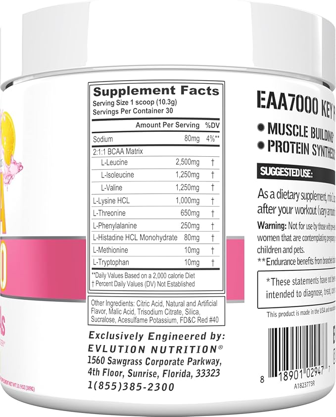 Evlution Nutrition EAA7000 - Pre & Post Workout Powder - Muscle Building + Recovery Supplement - 7g Essential Amino Acids + 5g BCAAs - Endurance + Energy Support - 30 Servings - Pink Lemonade
