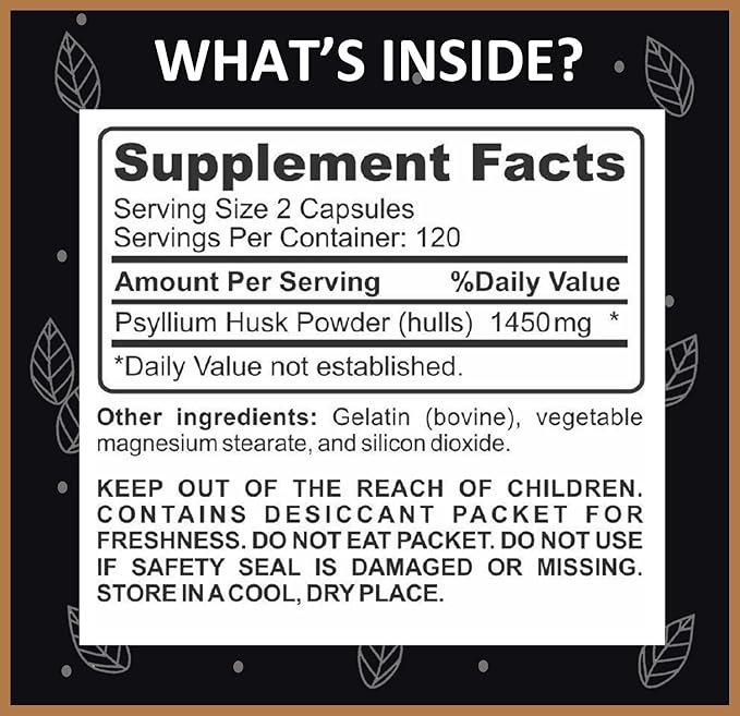 PSYLLIUM Husk Capsules - Premium Psyllium Fiber Supplement - Promotes Intestinal Health and Regularity - 100% Natural Soluble Fiber 1450mg Per Serving - 240 Capsules