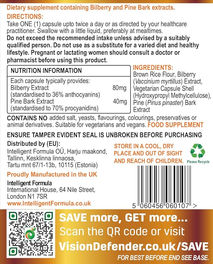 Vision Defender BP Eye Supplement: Bilberry and Pine Bark Extracts for Eye Pressure and Eye Health Support (60 Vegan Capsules)