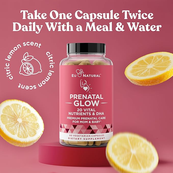 Glow Prenatal Vitamins for Women – 20-in-1 Vital Nutrients for Healthy Pregnancy and Fetal Development – Folic Acid & Vegan DHA For Baby's Growth & A Comfortable Pregnancy – 120 Nourishing Capsules