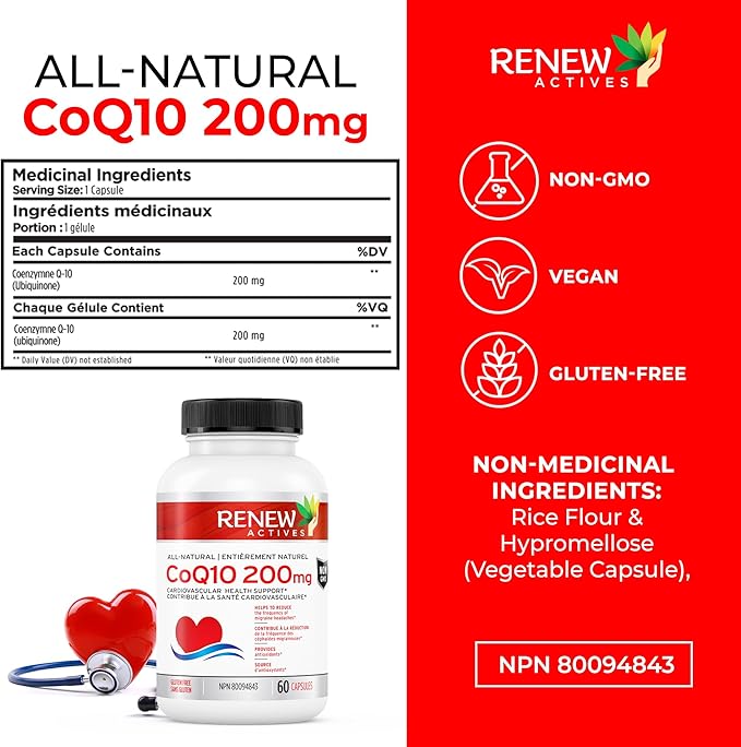 Renew Actives CoQ10 Ubiquinone Supplement 200MG per Serving – Supports Heart Health, Migraine Relief, Immune System Boost Antioxidant Support & Energy – High Potency, Made in Canada - 60 Capsules