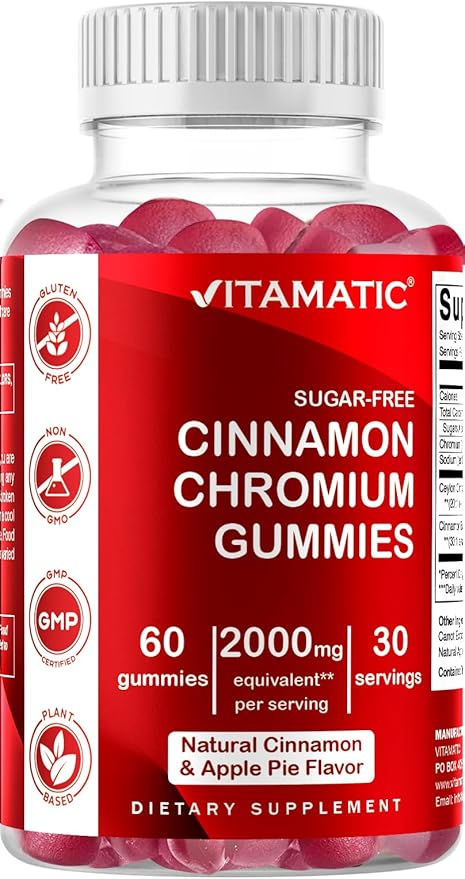 Vitamatic Sugar-Free Chromium Gummies with Ceylon Cinnamon – 2000 mg Equivalent Per Serving (from Extract 83 mg) – Non-GMO, Gluten-Free – 60 Vegan Gummies – 2 Pack