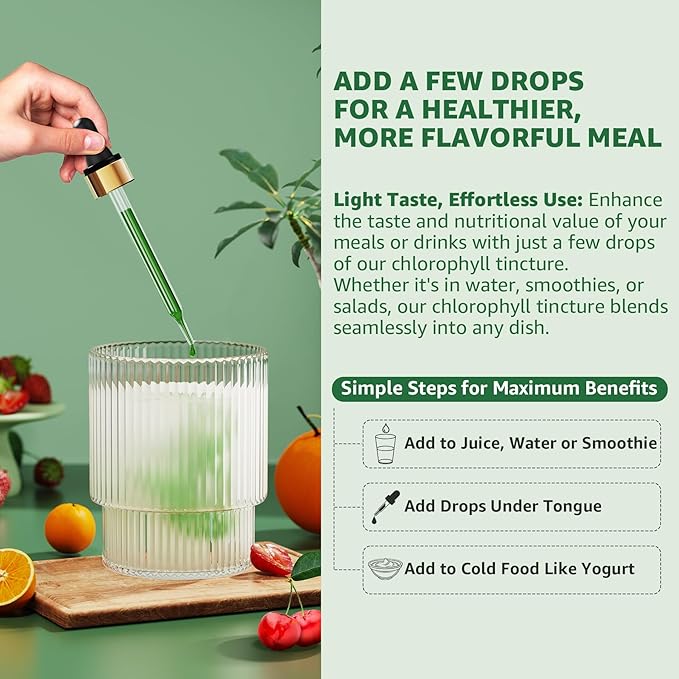 Organic Chlorophyll Liquid Drops Liposomal for Women & Men, 6-in-1 Greens Superfood Vegan Chlorophyll w/Spirulina, Wheat Grass, Vitamin C B12 A for Internal Deodorant*, Energy,Digestive,2Packs/4 Fl Oz