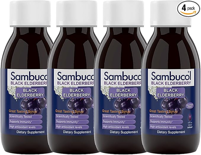 Sambucol Black Elderberry Syrup - Sambucus Elderberry Syrup, Black Elderberry Liquid, Immune Support for Kids and Adults, High Antioxidants, Gluten Free - Original Formula, 4 Fl Oz, 4-Pack