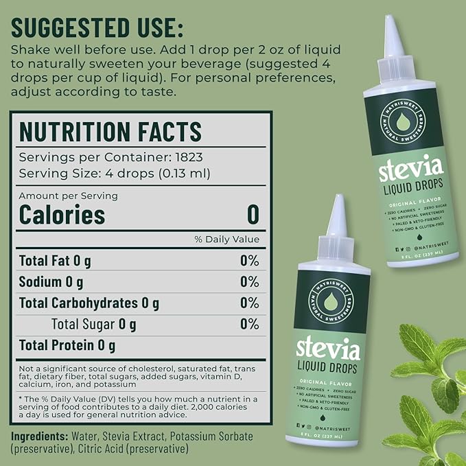 Natrisweet Liquid Stevia Drops, 8oz 2pack, Pure Sweetener from Stevia Extract, Plant-Based Sugar Substitute, Zero Calorie Keto Sweetner, Mix Liquid Sugar into Drinks and Treats, Non-GMO