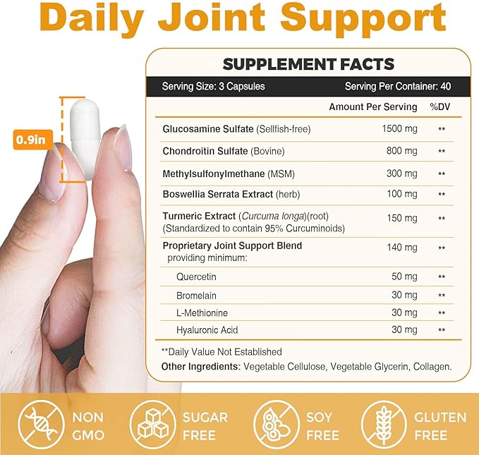 Glucosamine Chondroitin Joint Support Supplement, with MSM Turmeric Boswellia, Glucosamine Sulfate, Glucosamine Chondroitin MSM, for Joint Supports & Relief Nutritional Supplements, 120 Capsules