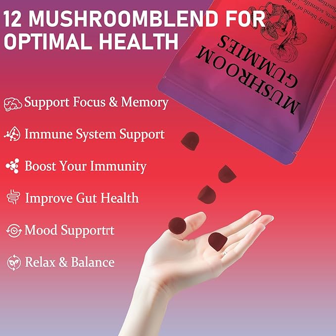 Sky Nutrition Mushroom Gummies, 12 in 1 Mushroom Blend with Lions Mane, Turkey Tail, Organic Reishi, Cordyceps, Immune Support & Energy Boost, Mushroom Supplement for Adults, Non-GMO, 60 Gummies