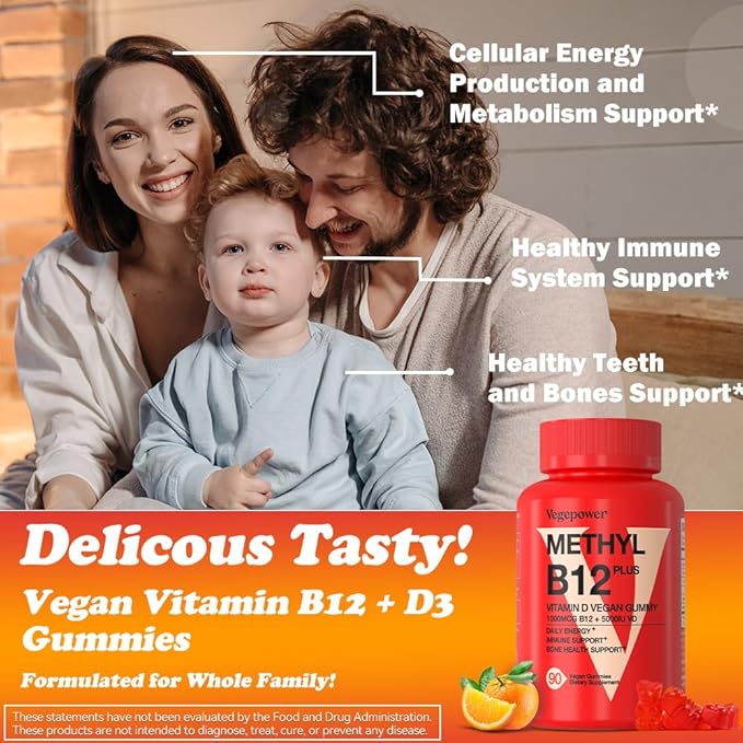 Vegan Vitamin D3 & B12 Gummies, Methyl B12 Supplement for Adults & Kids, Enhanced with Vitamin D 3 for Natural Energy, Immune, Metabolism & Focus, Orange, 90 Gummies