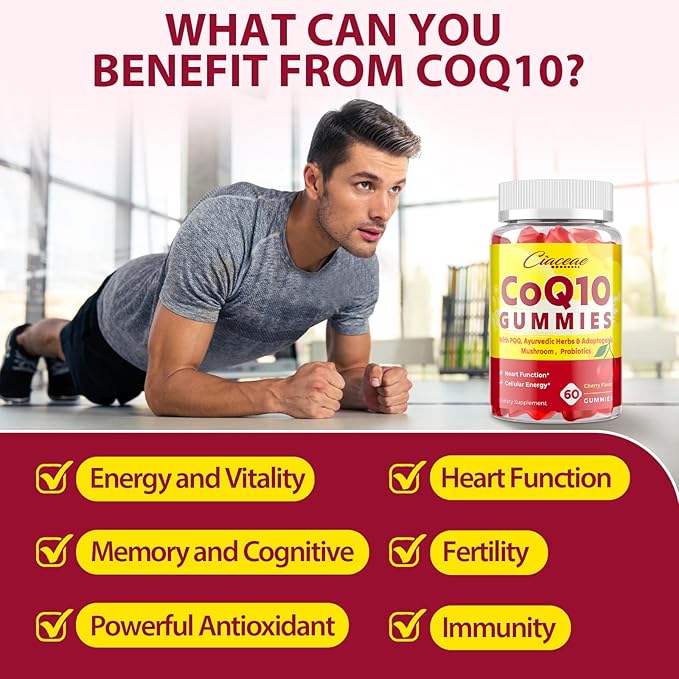 CoQ10 Gummies with PQQ - 400 MG Coenzyme Q10 High Potency, Enhanced with Ayurvedic Herbs, Adaptogenic Mushroom Blend & Probiotics for Heart, Brain, Energy, Immunity, Cherry Flavor, 120 Vegan Gummies