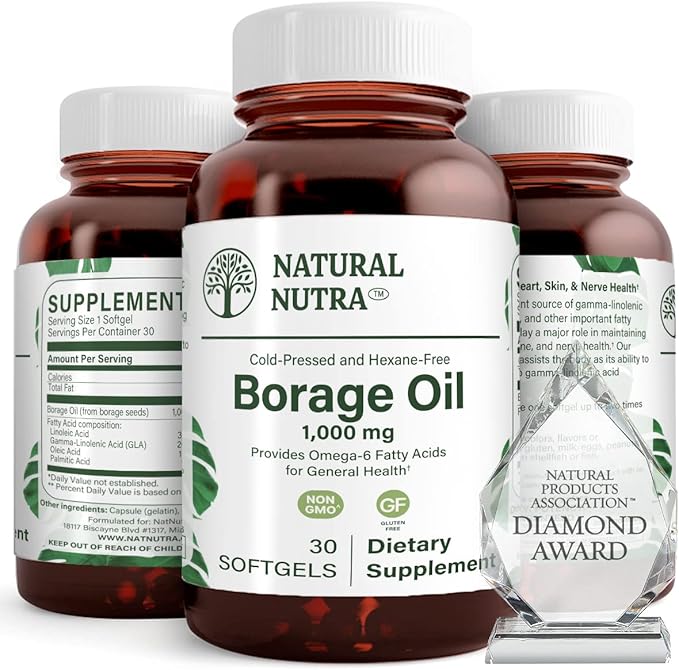 Natural Nutra Borage Oil, Maintain Skin Health, Support Heart Health, Improves Nerve Health, Help Reduce Pimple, Help Overcome Joint Pain, Omega 6 Essential Fatty Acids Supplement 30 Soft gels.