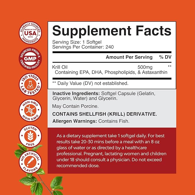 Antarctic Krill Oil 500mg Softgels - Omega 3 Krill Oil Supplement with EPA DHA & Astaxanthin for Brain Joint & Heart - 3rd Party Lab Tested No Gluten GMOs or Fishy Aftertaste (Up to 8 Month Supply)
