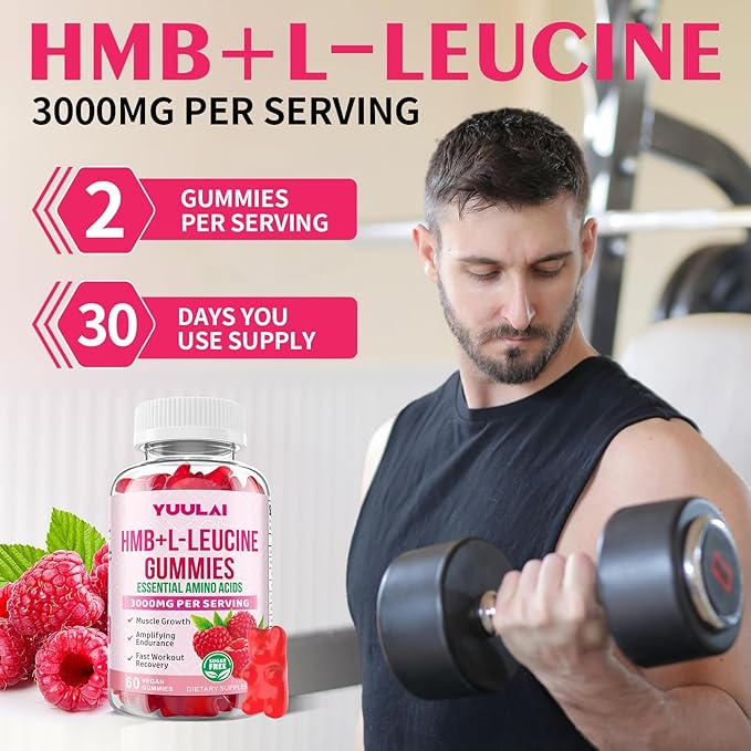 HMB and L-Leucine Gummies, 3000mg HMB and Leucine Amino Acid for Men Women, for Muscle Growth, Muscle Relief, and Fast Workout Recovery, Vegan, Raspberry Flavor, 60 Count