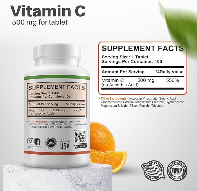 M+S Vitamin C Tablet 500mg for Women and Men – Supports a Healthy Immune System, Promotes Hair, Skin, Nails and Joints – Vegan, Sugar Free, Non-GMO – Orange Flavor (100 Tablets)