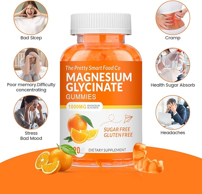 Magnesium Glycinate Gummies 1000mg - 90 Ct | Magnesium Potassium Supplements for Relaxation, Stress Relief, with Vitamin D, B6, CoQ10 for Calm Mood & Sleep Support - Orange Gummies