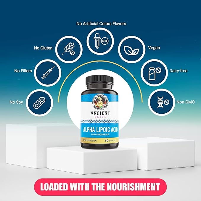 Ancient Bliss Alpha Lipoic Acid Supplement, Antioxidant and Energy Support, ALA Supplement with Bioperine, No Gluten and Soy, 600mg per Serving, 120 Vegan Capsules