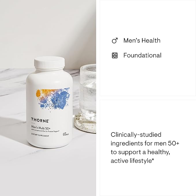 THORNE Men's Multi 50+ - Comprehensive Daily Multivitamin with Vitamins A, B6, B12, C, D, E, Zinc & More - Support Heart, Brain, Prostate, Muscle & Immune Health* - 180 Capsules