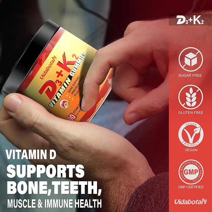 Sugar Free Vitamin D3 K2 Gummies, Vitamin D3 5000IU & Vitamin K2(MK7) 120mcg with Calcium, Magnesium and Zinc for Bone, Teeth, Muscle, Natural Peach Flavor, Vegan, 90 chewable Gummies