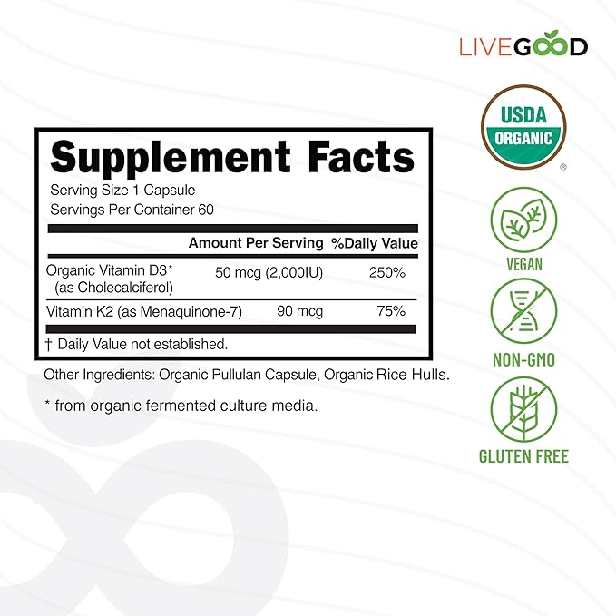 LIVEGOOD™ Vitamin D3 + K2 All Natural Bone, Muscle & Immune System Support, Vegan & Non-GMO, 60 Capsules