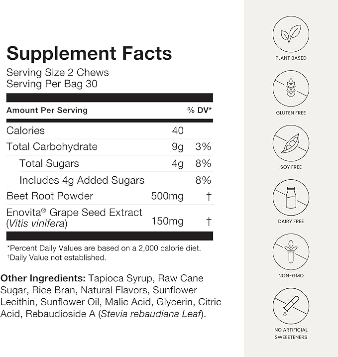 humanN SuperBeets Heart Chews, Nitric Oxide and Blood Pressure Support, Grape Seed Extract & Non-GMO Beet Root Powder Energy Supplement, Pomegranate Berry Flavor, 60 Count