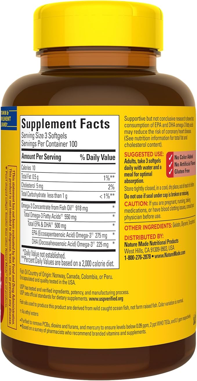 Nature Made Omega 3 Fish Oil Supplements, 550mg Per Serving, Fish Oil Omega 3 Supplements as Ethyl Esters for Healthy Heart Support, 300 Softgels, 100 Day Supply