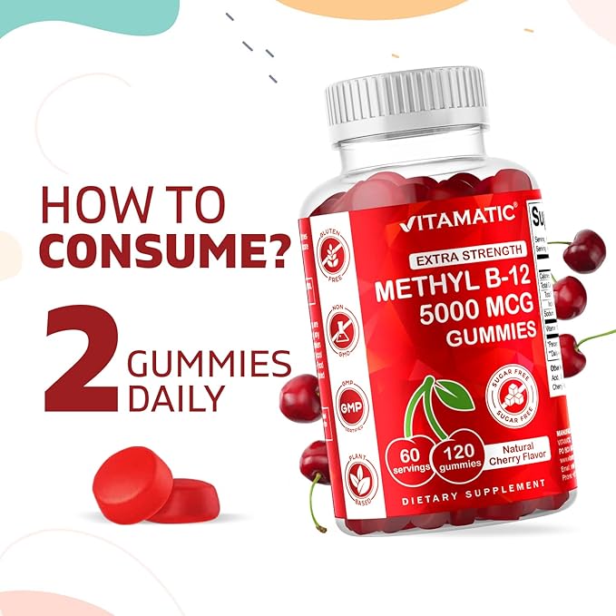 Vitamatic 2 Packs Extra Strength Vitamin B12 5000 mcg (Methyl B12) Gummies - 120 Count - Energy Metabolism Support and Nervous System Health Support, Natural Cherry Flavored