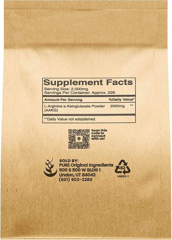 PURE ORIGINAL INGREDIENTS L-Arginine a-Ketoglutarate (AAKG) Powder, 1 lb, Unflavored, Non-GMO, Resealable & Eco-Friendly Packaging