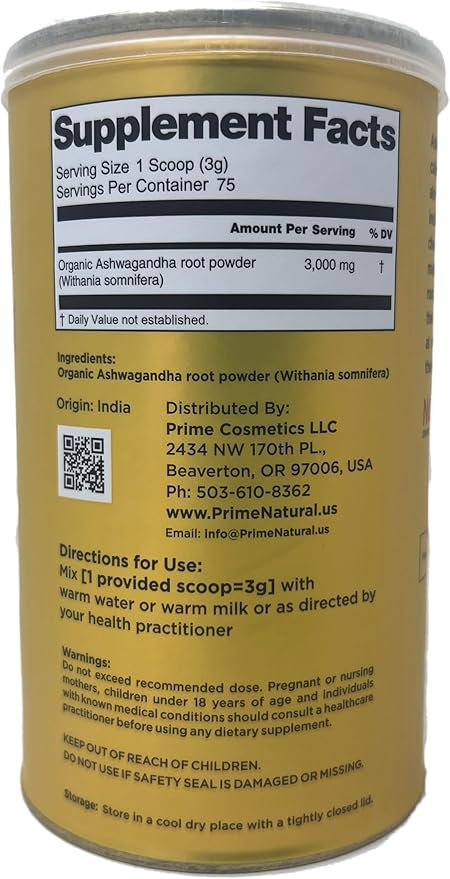 PRIME NATURAL Ashwagandha Root Powder 8oz | Ayurvedic Adaptogen for Calm, Vitality, Boosts Energy, Stamina | Pure, Raw, Vegan