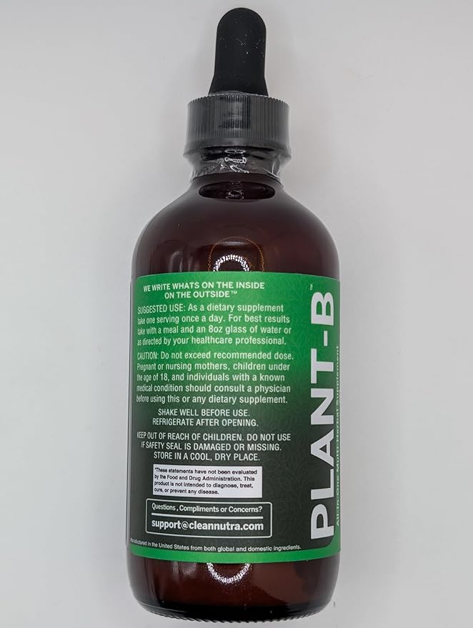 Vitamin B Complex Liquid Drops | Thiamine B1, B6, B2, B3, B4, B5, B7 B9, B12, Niacinamide, Paba, Choline Inositol Taurine Probiotics Beet Root Spirulina - Plant-B Vitamin Supplements - Clean Nutra (2)