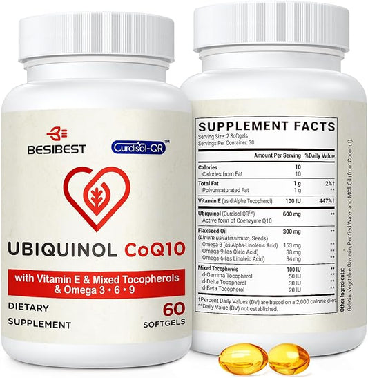 Ubiquinol CoQ10-600mg-Softgel, Active Coq10 Ubiquinol Supplement with Vitamin E & Omega 3, 6, 9, High Absorption-Coenzyme-Q10, Powerful Antioxidant for Energy Production, Tested, 60 Count