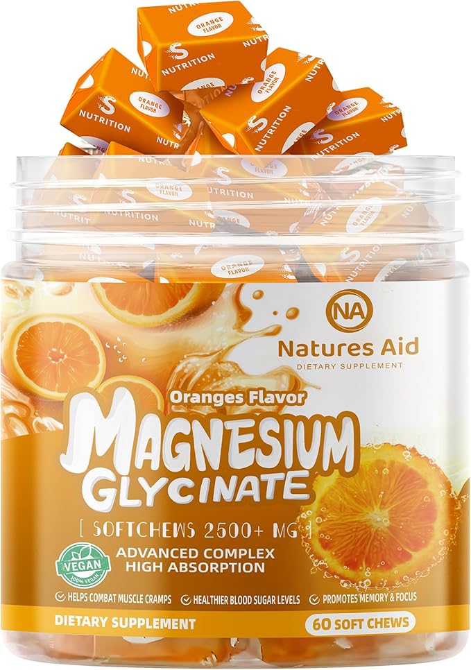 Magnesium Glycinate Soft Chews Supplement,Chewable Sugar Free Potassium Magnesium Chews with Magnesium Glycinate, Vitamin D, B6, and CoQ10 for Calm Support & Sleep for Adults,60 Days Supply-Orange