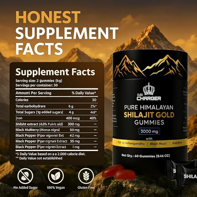 Pure Himalayan Shilajit Gummies Gold with KSM 66 Ashwagandha, Gokshura, Black Musli | Fulvic Acid & 85+ Trace Minerals | Shilajit for Men, Women | 100% Natural and Organic | 60 Gummies