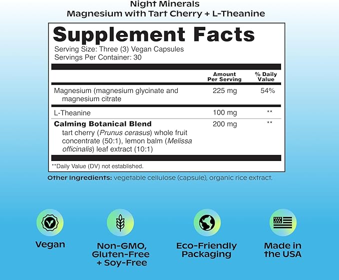 wholier Magnesium Glycinate, L-Theanine, Tart Cherry Juice. Natural Support for Sleep, Stress + Relaxation. Melatonin-Free. Night Minerals. (90 Vegan Capsules) Glass Bottle