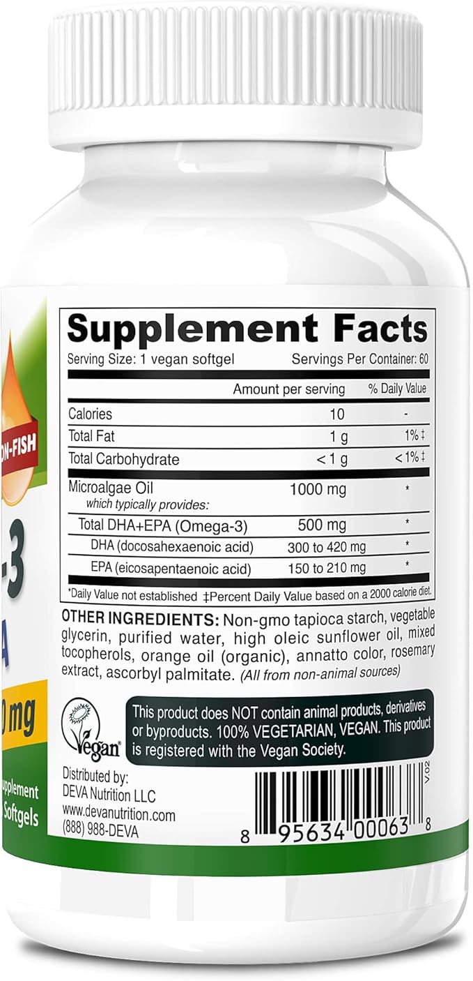 DEVA Vegan Omega-3 DHA EPA Supplement - Once-Per-Day Softgel 500 MG - Carrageenan Free - Gelatin Free - Non-Fish - Algae Oil Omega-3 Fatty Acids - 60 Softgels (Pack of 2)