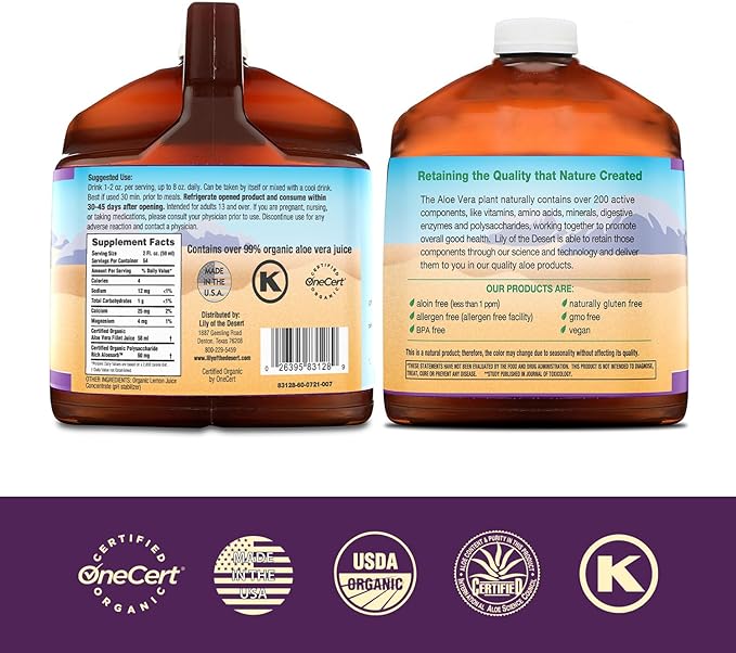 Lily of the Desert Aloe Vera Juice - Organic, Preservative-Free Inner Fillet Aloe Vera Drink with Natural Digestive Enzymes for Gut Health, Stomach Relief, Wellness, Glowing Skin, 128 Fl Oz