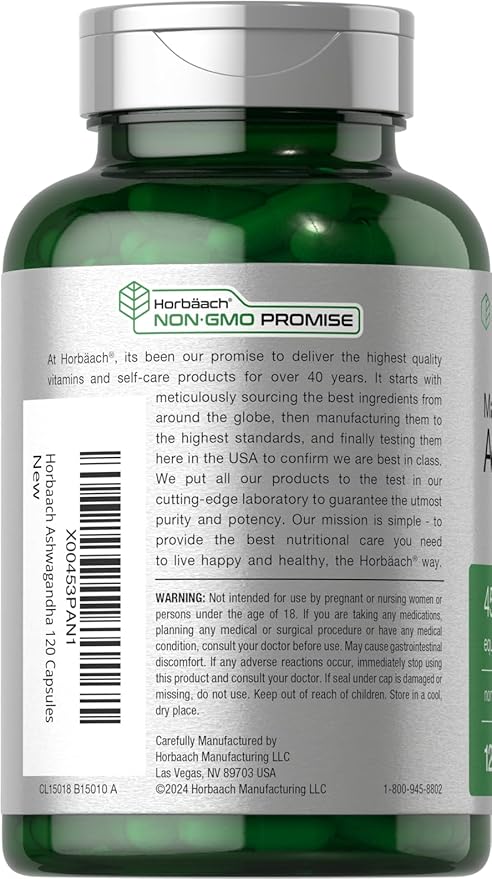 Horbäach Ashwagandha Supplement | Max Strength | 120 Capsules | Non-GMO, Gluten Free