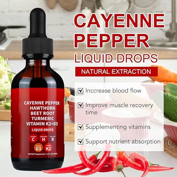 Cayenne Pepper Drops, Cayenne Pepper Hawthorn Beet Root Turmeric Curcumin, Vitamin K2 & D3, Cayenne Health Supplements, Gentle Formula, Vegan-Friendly, Easily Absorbed - 60ml