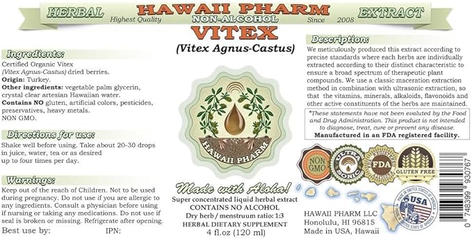 Vitex Alcohol-Free Liquid Extract, Organic Vitex (Vitex Agnus-Castus) Dried Berry Glycerite Natural Herbal Supplement, Hawaii Pharm, USA 2 fl.oz