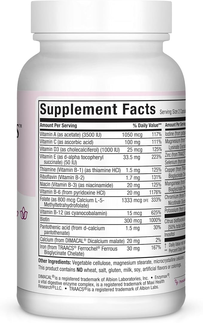 Maxi-Health Small Prenatal Capsules with Methyl Folate - Minerals, Gentle Iron, Vitamins - Kosher, 60 Count