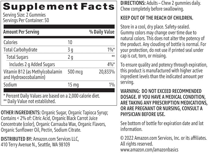 Amazon Basics Vitamin B12 500 mcg Gummies - Normal Energy Production and Metabolism, Immune System Support, Raspberry, 100 Count (2 per Serving) (Previously Solimo) (Pack of 2)