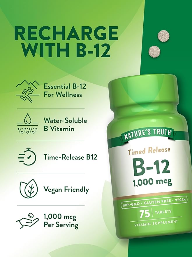 Nature's Truth Vitamin B12 1000 mcg | 75 Timed Release Tablets | Vegan, Non-GMO & Gluten Free Supplement