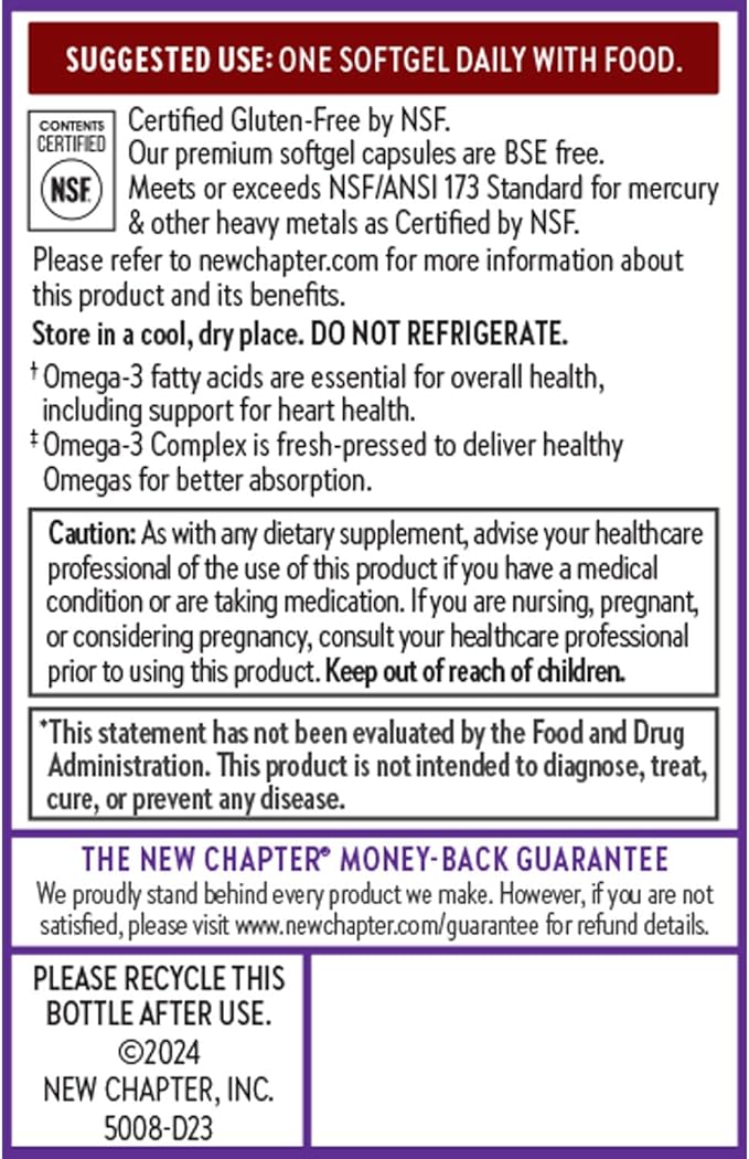New Chapter Omega-3 Complex, Fish Oil Supplement Wild Alaskan Salmon for Heart, Brain, Eye, Joint & Skin Health Support - 30 Count