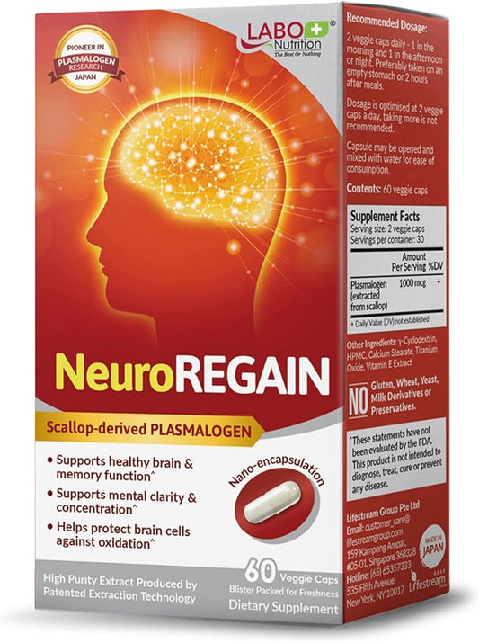 LABO Nutrition NeuroREGAIN - Scallop-derived PLASMALOGEN for Brain Deterioration, Memory, Alertness, Learning, Concentration and Other Cognitive Functions – Suitable for Seniors, Adult Men & Women