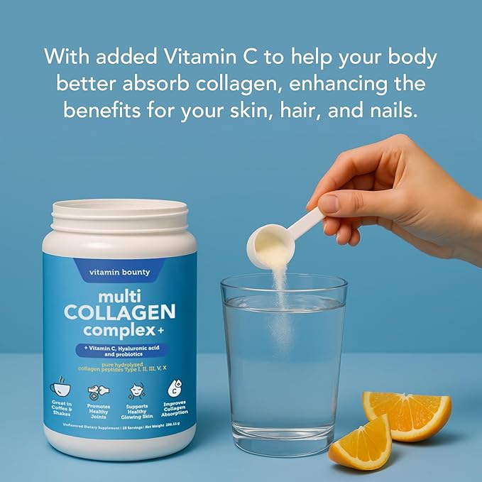 Vitamin Bounty Multi Collagen Complex Plus - 5 Types of Hydrolyzed Collagen Peptides for Women & Men w/Vitamin C, Hyaluronic Acid & Probiotics | Supports Skin, Hair, Joints & Gut Health | 28 Servings