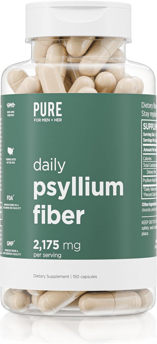Daily Psyllium Husk Fiber Supplement by Pure for Men & Pure for Her | Digestive Regularity & Gut Health Support | Soluble Fiber Powder, 2,175mg Per Serving | 150 Capsules